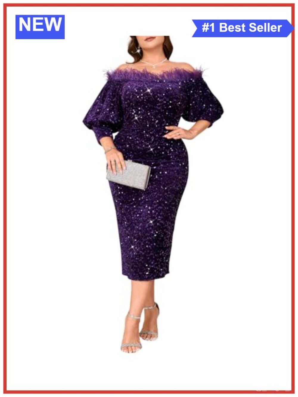 Sequin Off Shoulder Puff Sleeve Bodycon Midi Dress Formal Party Cocktail Evening